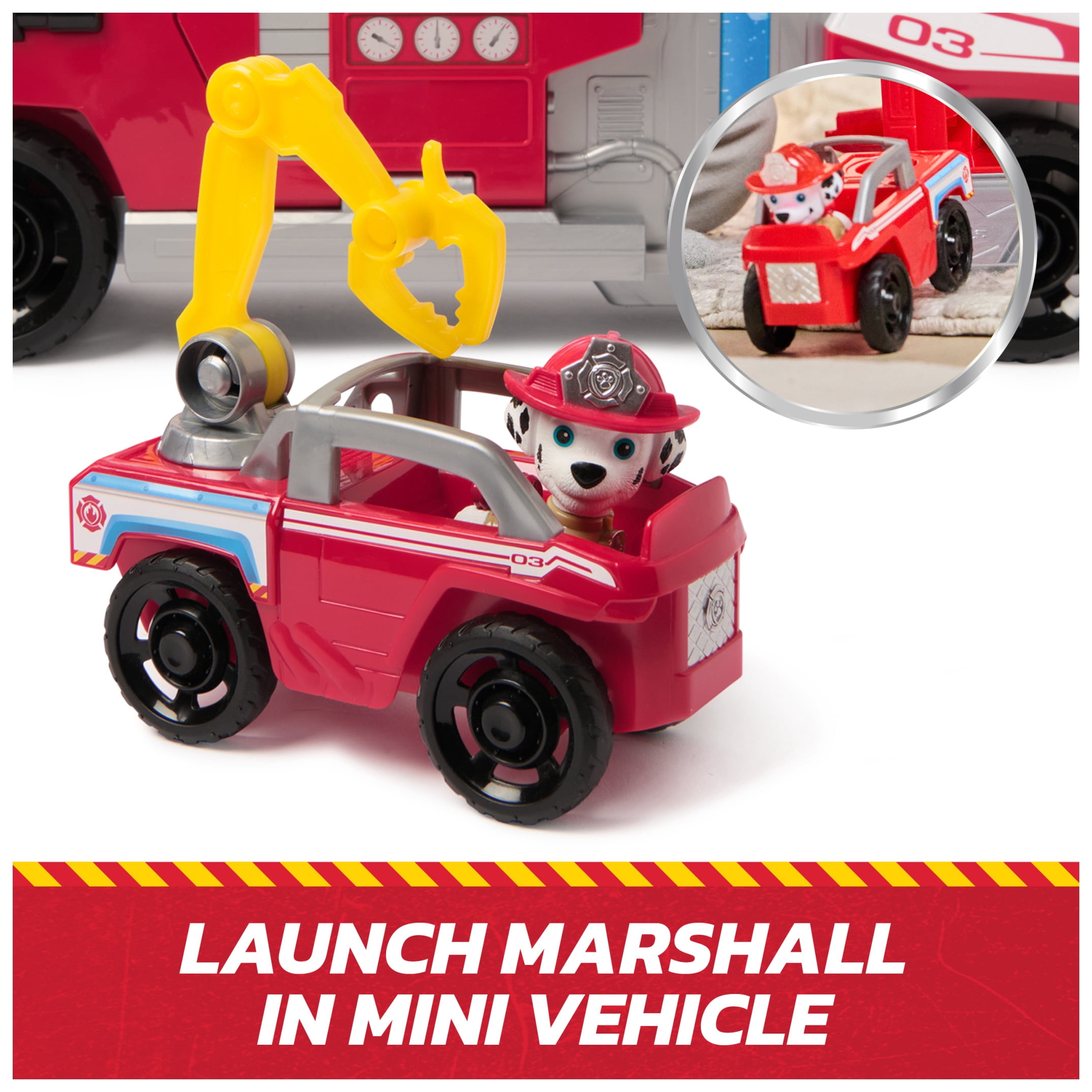 PAW Patrol Fire Rescue: Rapid Reload Fire Truck with Marshall, Projectile Launcher, Mini Vehicle & Sound Fx, for Kids 3+