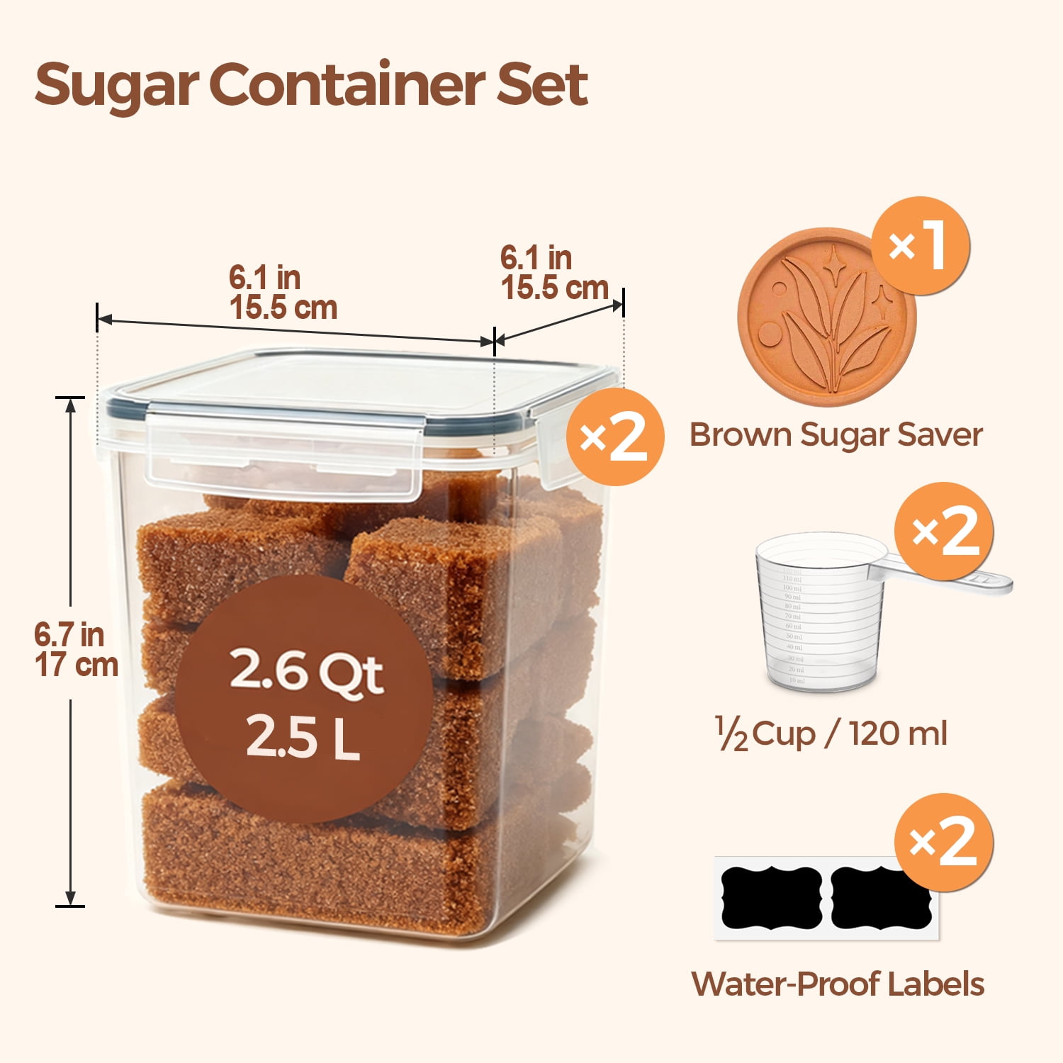 ComSaf Brown Sugar Container Set of 2 (2.5L/2.6Qt), Airtight Food Storage Containers with Lids and Terra Cotta Brown Sugar Saver, Plastic Canisters Sets for Kitchen, Pantry Organizer for Flour, Bakin
