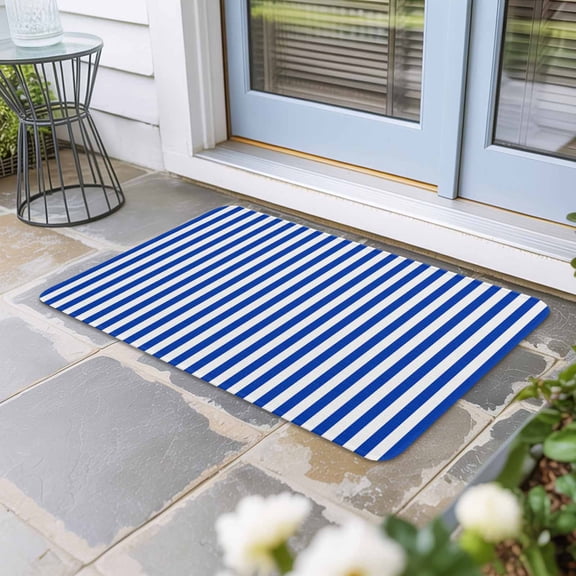 Navy Blue Stripe Door Mat Indoor Outdoor,Modern White Vertical Striped Geometric Non Slip Welcome Mat with Rubber Backing,Absorbent Fabric Front Door Mats Entryway Rug for Home Patio Entrance 18"x30"