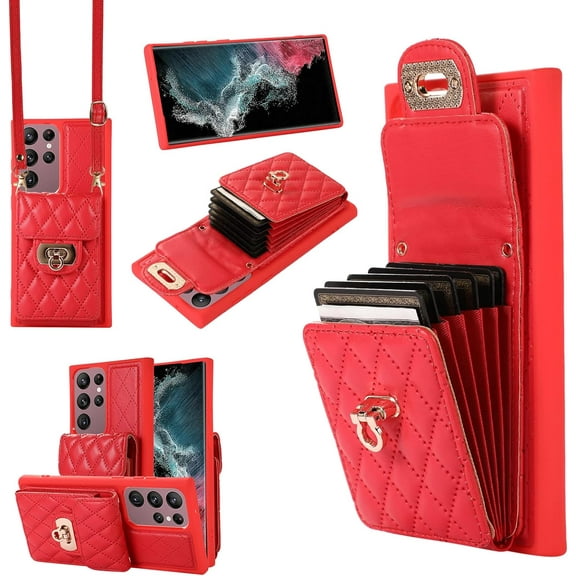 Phone Case for Samsung Galaxy S22 Ultra 5G Wallet Cover with Credit Card Holder Shoulder Crossbody Strap Long Lanyard Leather Cell Accessories S22ultra 22S S 22 S22ultra5g 6.8 Women Girls Red