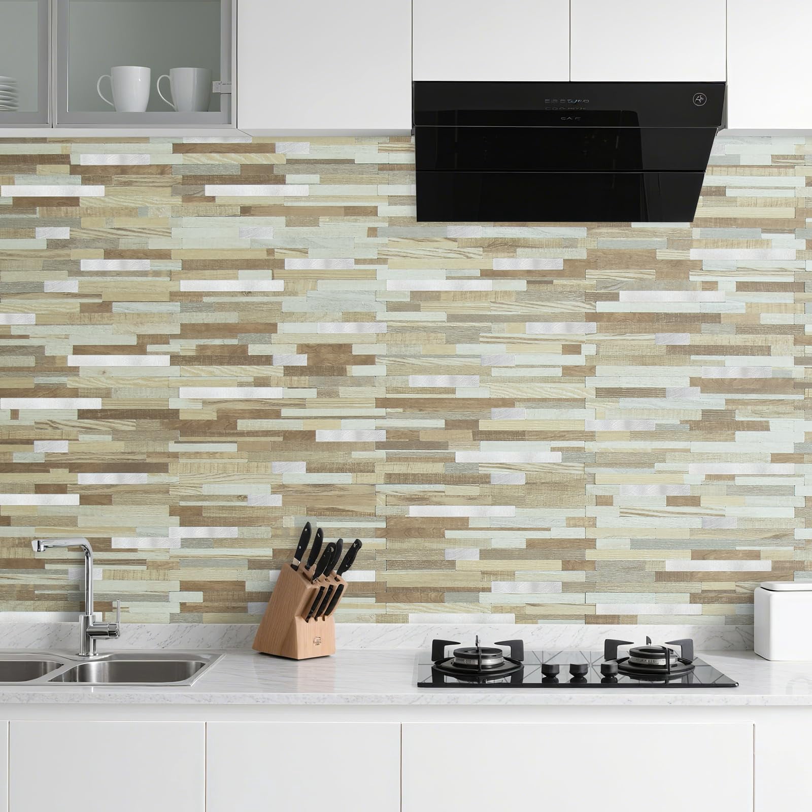 20 Sheets Beige & Brown Wood Peel And Stick Backsplash  Pvc Mixed Metal Wall Tile On For Kitchen Bathroom