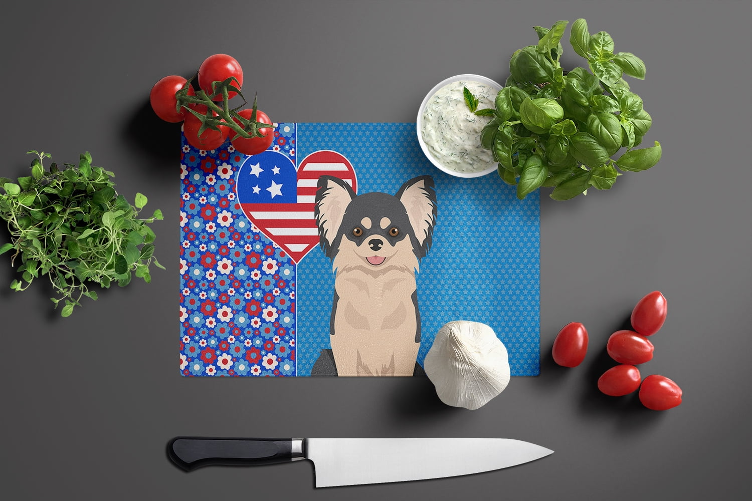 Longhaired Black and White Chihuahua Glass Cutting Board Large 12 in x 15 in