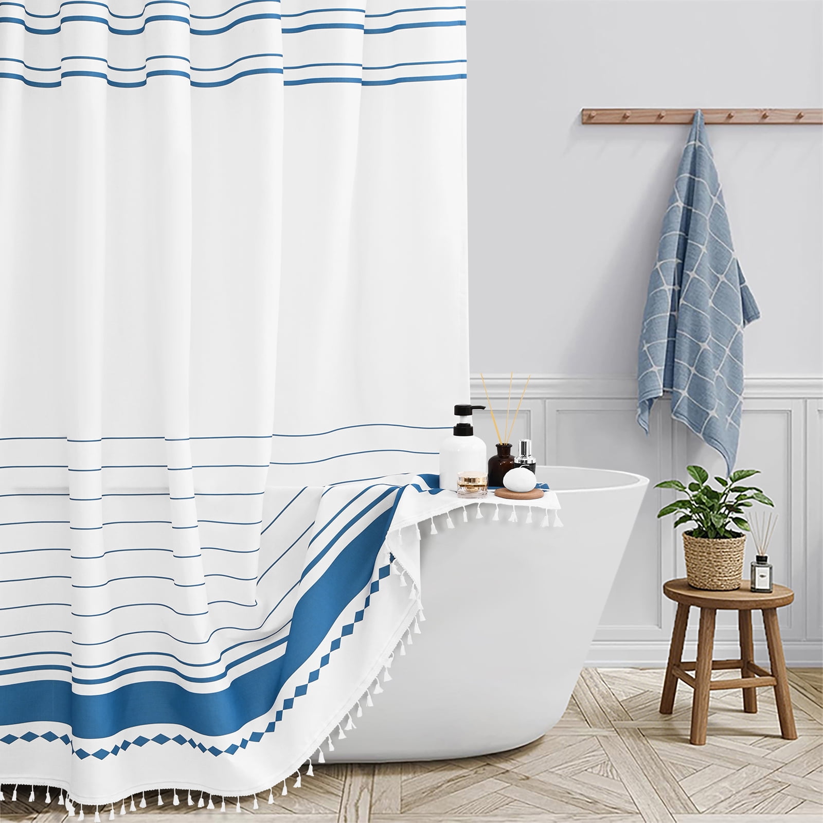 FRAMICS Tassel Shower Curtain Sets with Bath Rug, Boho Striped Farmhouse Bathroom Sets with Hooks, Heavy-Duty Fabric, Water-Repellent and Washable, 72" x 72", Blue