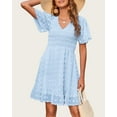 thumbnail image 3 of FreshPretty Womens V Neck Casual Vacation Dress Short Sleeve Smocked Swiss Dot Swing Ruffle Mini Beach Summer Dresses, 3 of 5