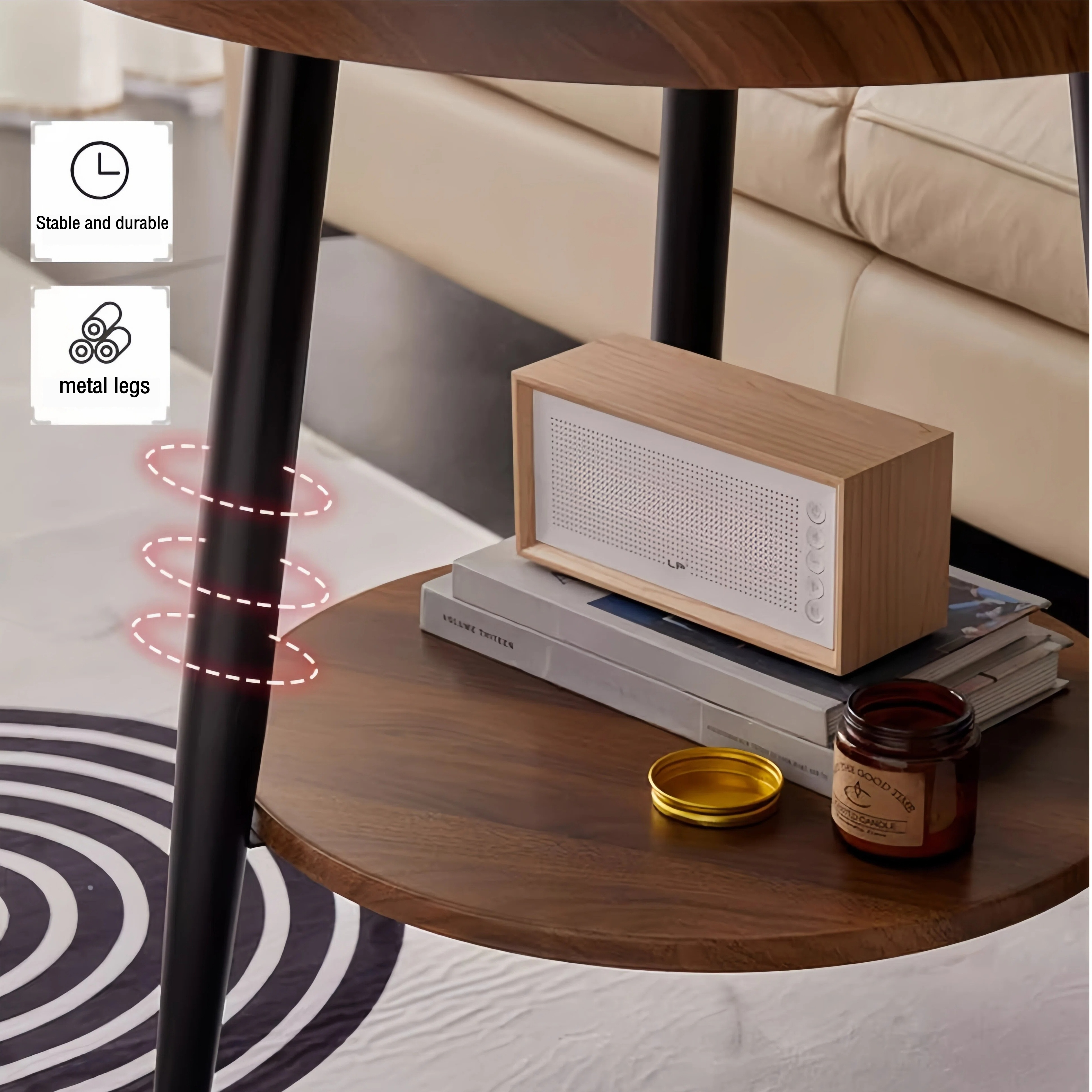 Keerffo Round End Side Table,2-Tier Mid Century Modern Coffee Sofa Table with Metal Frame Legs Nightstand for Home Bedroom and Living Room