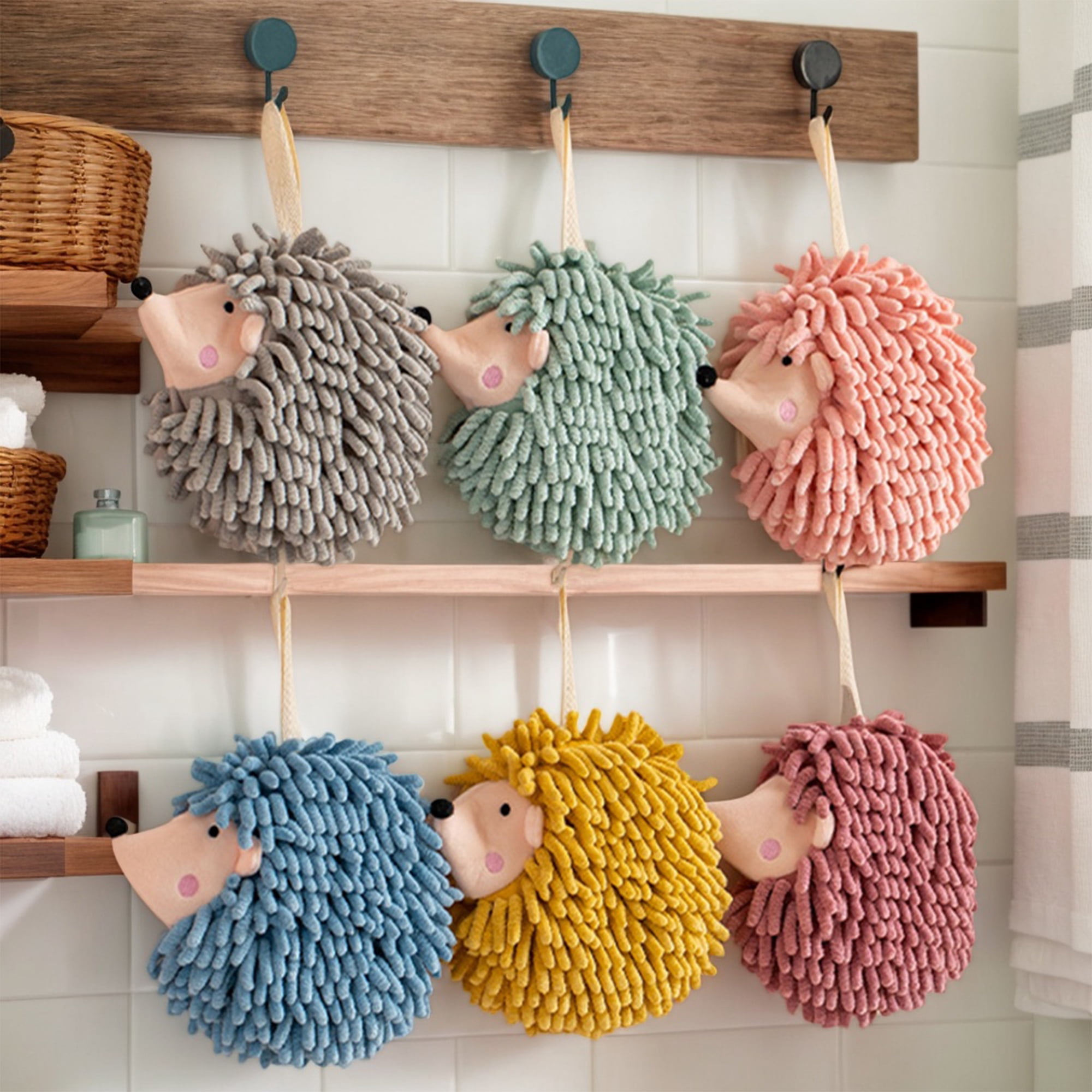 Unique Bargains Fuzzy Ball Hand Towel 2 Pcs Soft Chenille Towels 7" x 7" Yellow/Blue