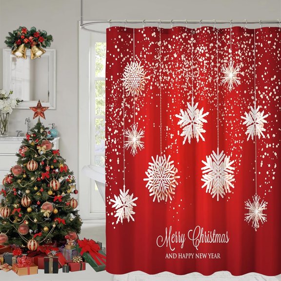 Red Christmas Shower Curtain, Christmas Snowflakes Shower Curtains for Bathroom Decor, Winter Holiday Shower Curtain, Xmas Glitter Sparkle Fabric Cloth Bath Curtain, 72x72 Inch
