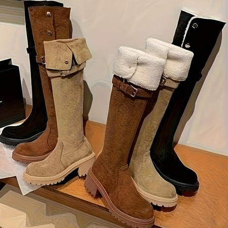 

ASWMXR Women‘s Chunky Heel Boots Fashion Side Zipper Plush Lined Boots Women‘s Stylish Over The Knee Boots