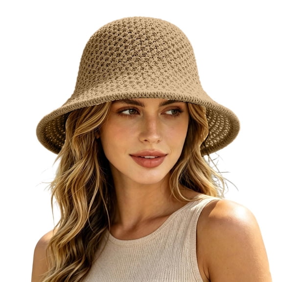 SGMVNU Sun Hat for Women Summer Straw Beach Hats Floppy Crochet Hat Travel Bucket Hat Foldable Packable, One Size, Khaki
