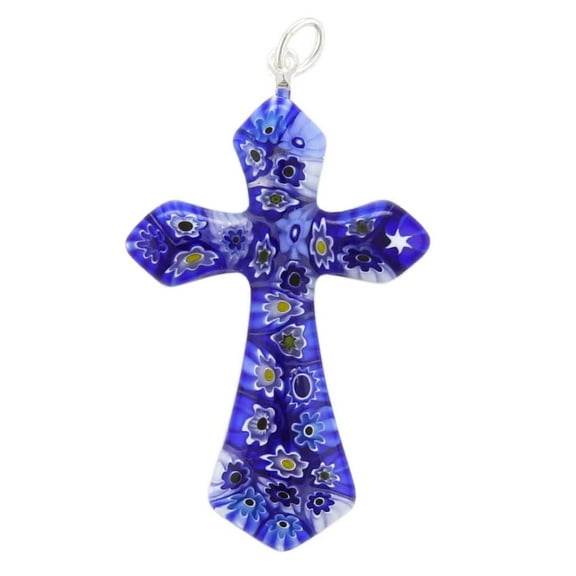GlassOfVenice Murano Glass Blue Millefiori Elegant Cross Pendant