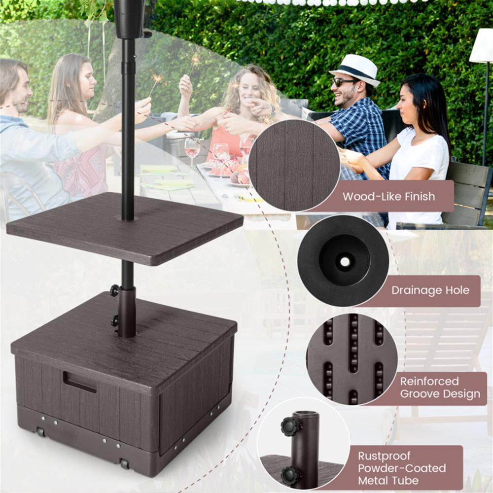 Spaco 175 LBS Outdoor Fillable Umbrella Base with Table Tray, Outdoor Umbrella Stand, Patio Umbrella Stands & Bases, Deck Umbrella Stand-Brown
