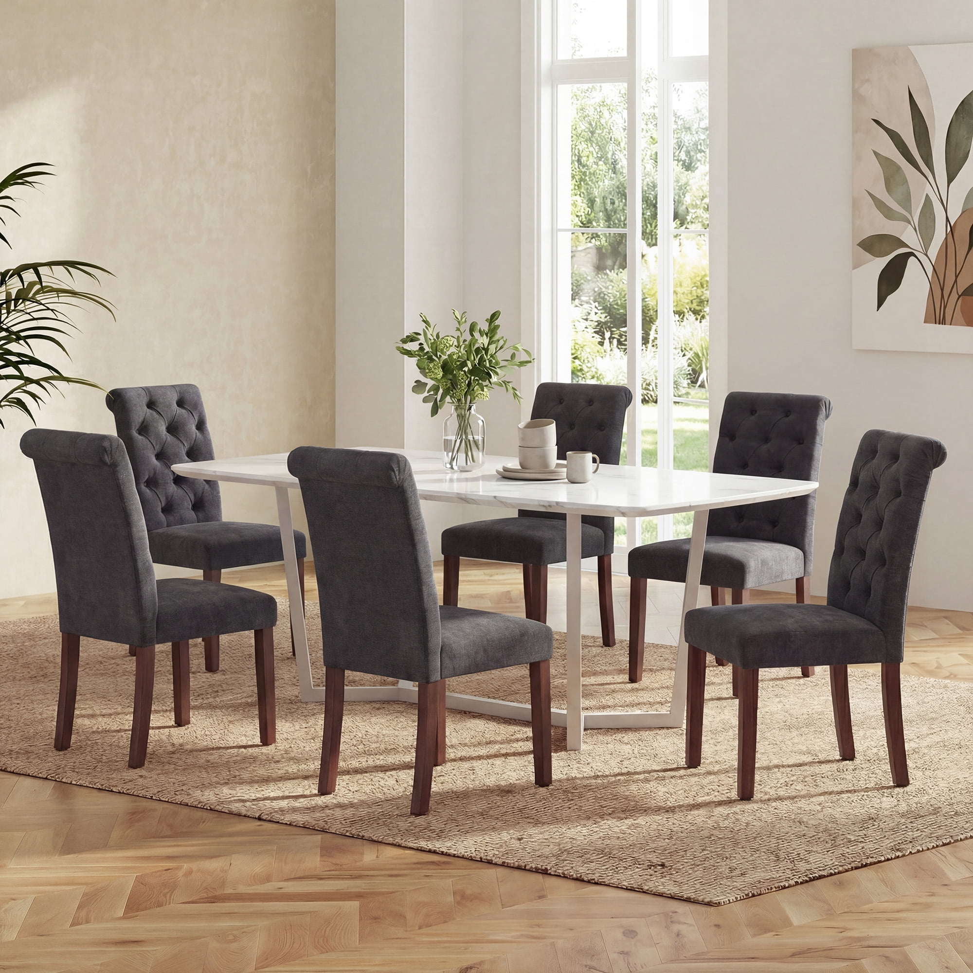 Upholstered Parsons Dining Chairs Set of 6, Button Tufted Kitchen Side Chair for Dining Room, Black