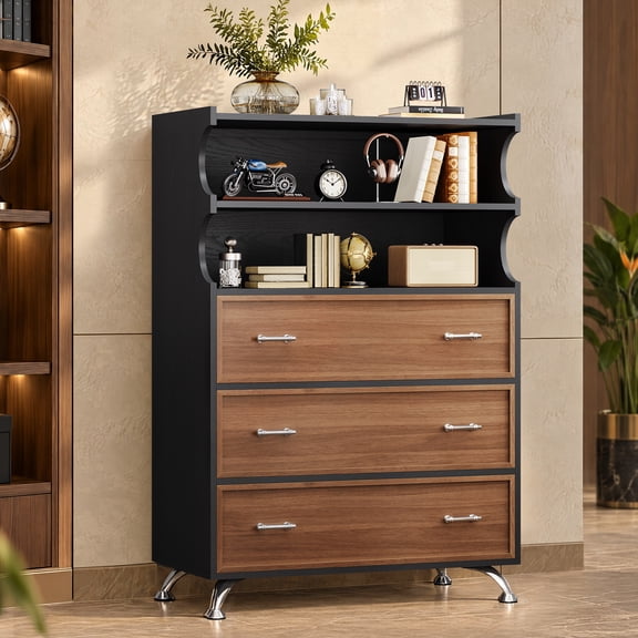 Angrywin 46.4" Tall Dresser with 3 Drawers & 2 Open Shelves, Modern Chest of Drawers with Anti-Tip Device for Bedroom, Living Room, Black and Brown
