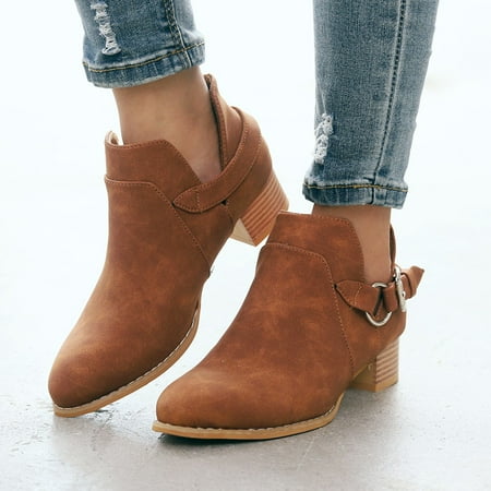 

Alueeu Women s Ankle Boots Women s Ladies Fashion Solid Metal Strap Shallow Boots Pointed Toe Casual Shoes