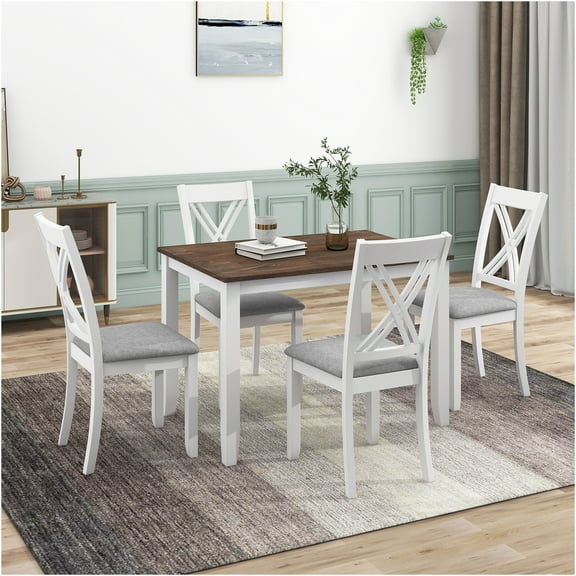 JERFIT 5-Piece White Dining Table Set with X-Back Chairs, Solid Wood Kitchen Table and Chairs for Small Space, Farmhouse Dining Room Furniture