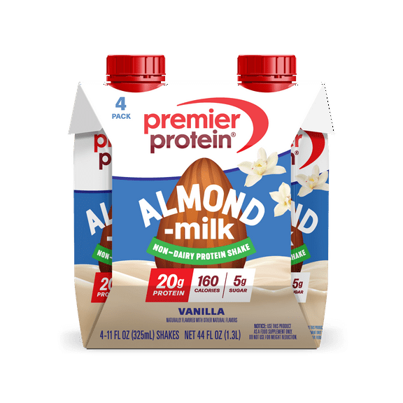 Premier Protein Almondmilk Non-Dairy Protein Shake, 20g Protein, 5g Sugar, 11 Fl oz, Vanilla, 4 Count