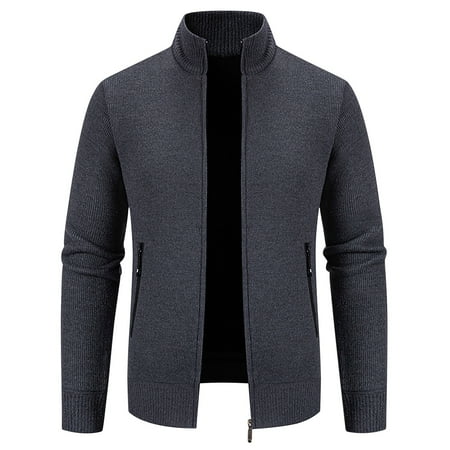 ZCFZJW Lightweight Cardigan Sweater Tops for Men Regular Fit Casual Long Sleeve Full Zip up Stand Collar Pullover Sweatshirts Loose Comfy Bomber Jacket Tops with Pockets Dark Gray L