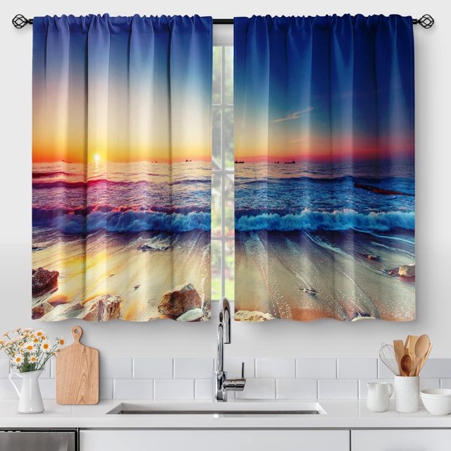 Beach Sunset Country Kitchen Curtains Rustic Summer Ocean Short Cafe Curtains Decor for Bathroom Over Sink Tier Curtains Tropical Scenery Hawaiian Rod Pocket Window Drapes 2 Panels set 28" x 36"
