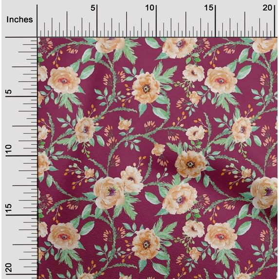 oneOone Polyester Lycra Fabric Watercolor Leaves & Peony Floral Print Fabric By Yard 56 Inch Wide