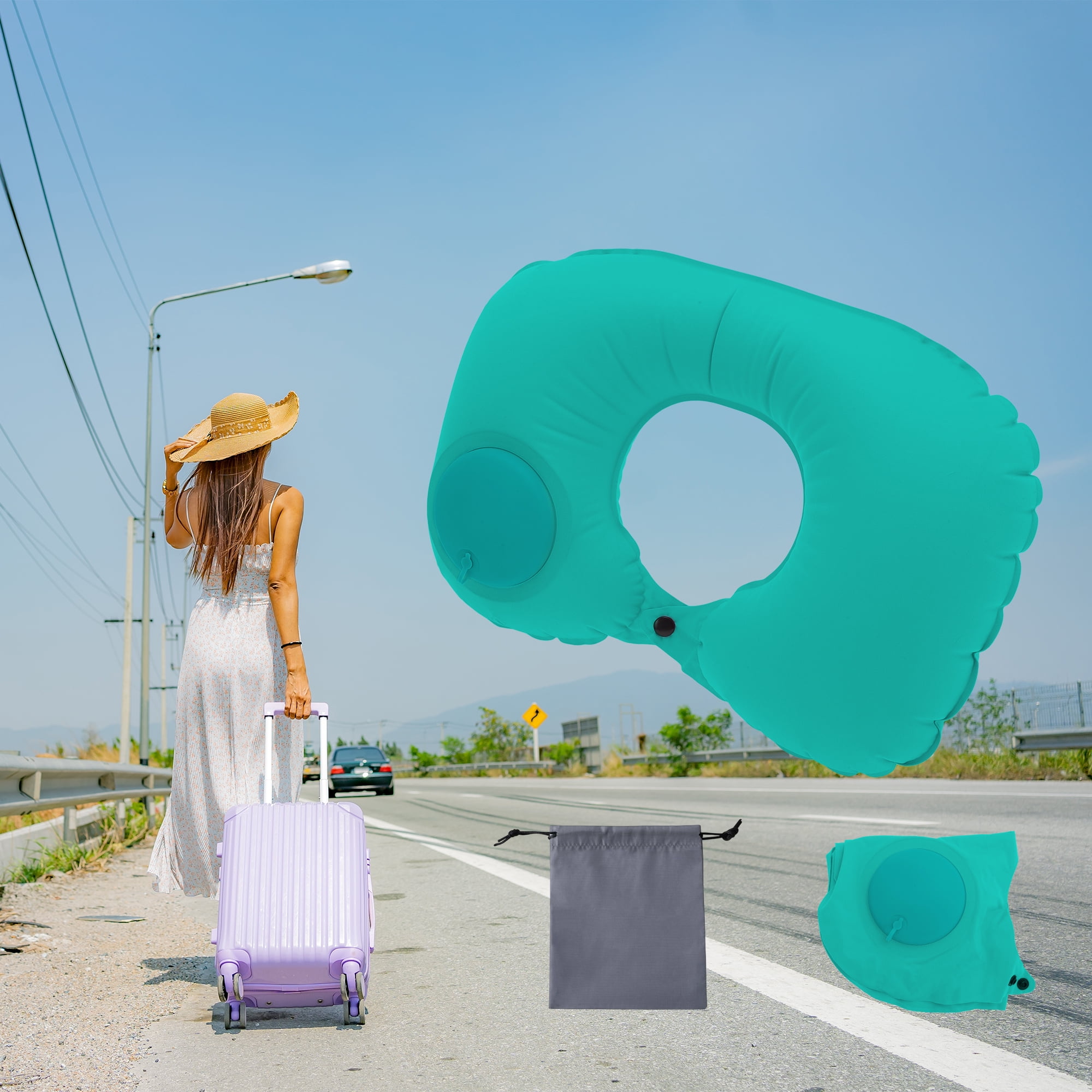 Unique Bargains Travel Pillow Press to Inflate Neck Pillow Peacock Green 15.75"x11.02"