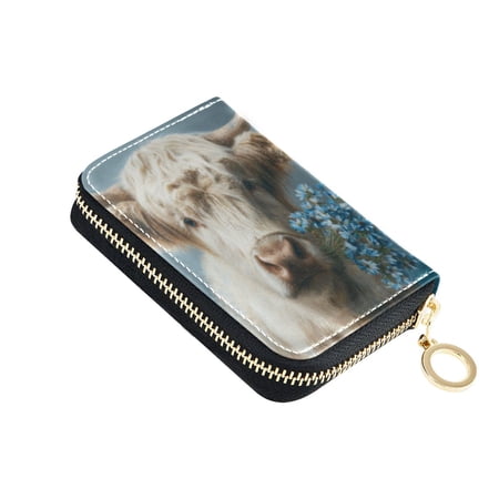 PU Leather Zipper Card Case Credit Card Holder Small Wallets Highland Cow and Blue Flowers