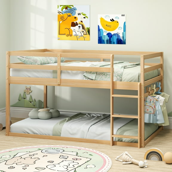 Twin Over Twin Low Bunk Bed with Ladder, Full Guardrails, Solid Wood Construction for Kids, Boys & Girls, Space-Saving Design for Small Bedrooms,Natural