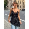 thumbnail image 3 of Black Satin Lace-Trimmed Spaghetti Strap Slip Dress Asymmetrical Hem, 3 of 8