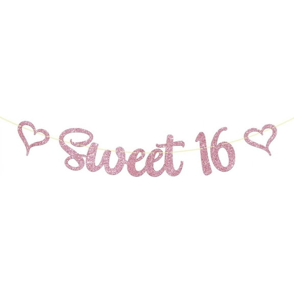 Sweet 16 Banner, Happy 16th Birthday Sign Bunting Decor, Girls 16th Birthday Party Decorations Garland, Pink Glitter