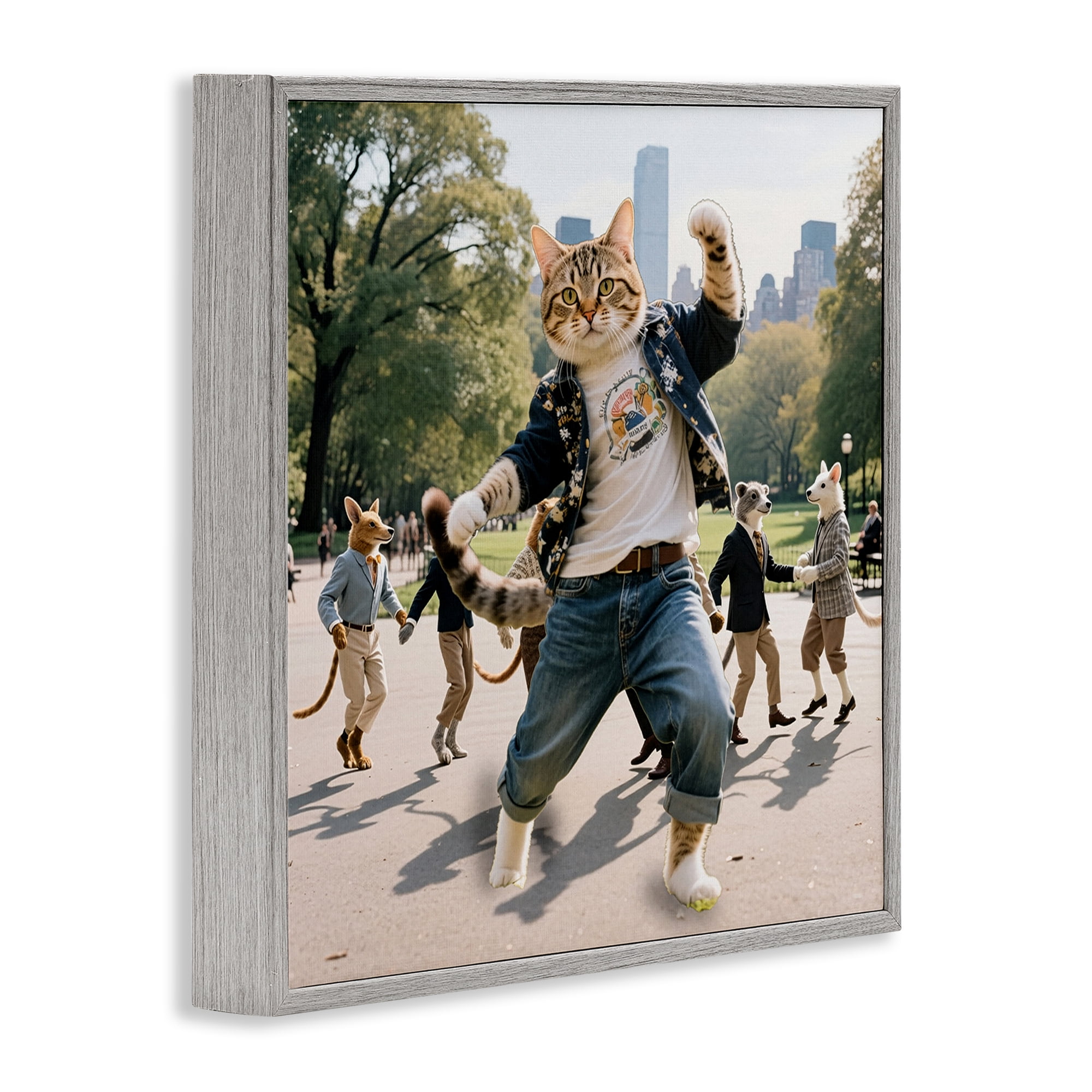 Stupell Industries Stylish Cat Dancing in Park Gray Framed Giclee Art, design by CAD Designs