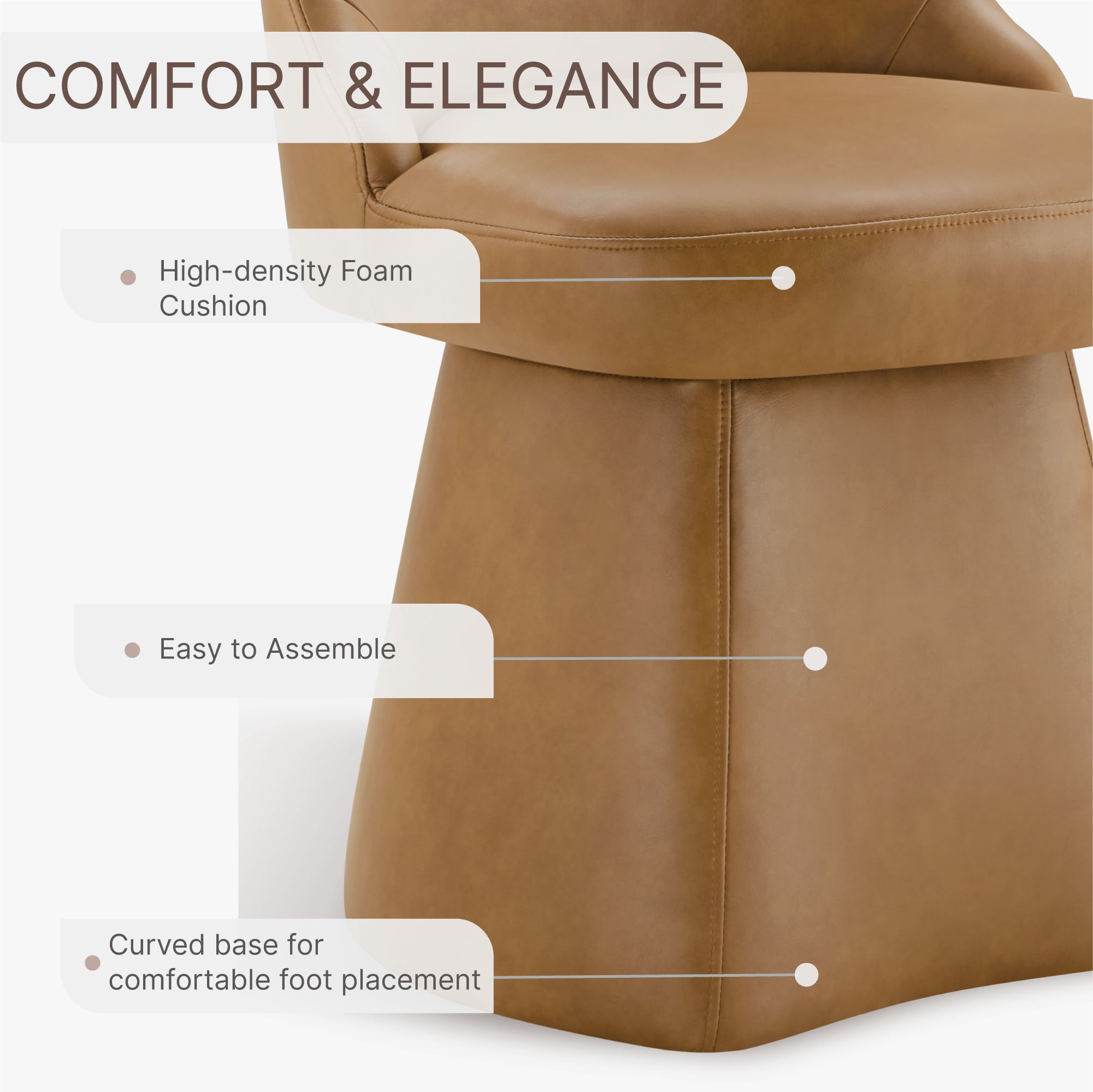Spruce & Spring Modern 360-Degree Swivel Upholstered Dining Chair, Faux Leather Accent Chair with Conical Base, Saddle Brown