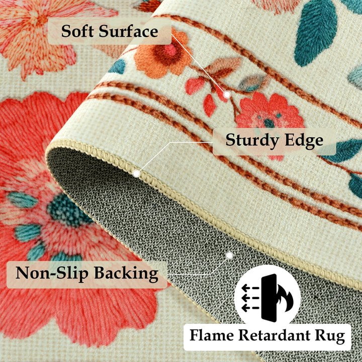Wondo 8x10 ft Beige Washable Area Rug - Low Pile Non-Slip Bohemian Floral Design for Bedroom, Living Room, Dining Room, Office & Kids Room