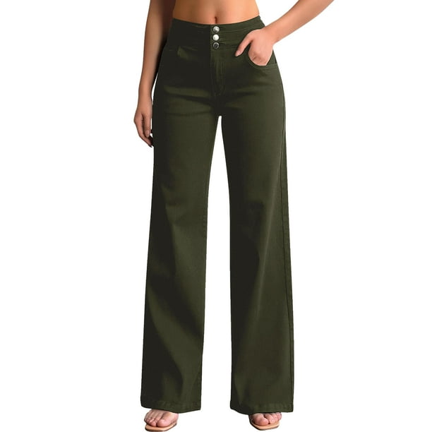 Jeans de pierna ancha para mujer, casuales, de talle alto, elásticos, holgados, pantalones de mezclilla, verde militar, talla X-Large.