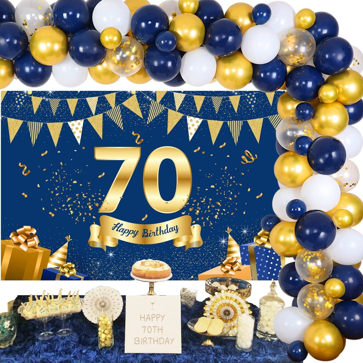 70th Birthday Decorations For Men Or Women Navy Blue And Gold Balloon ...