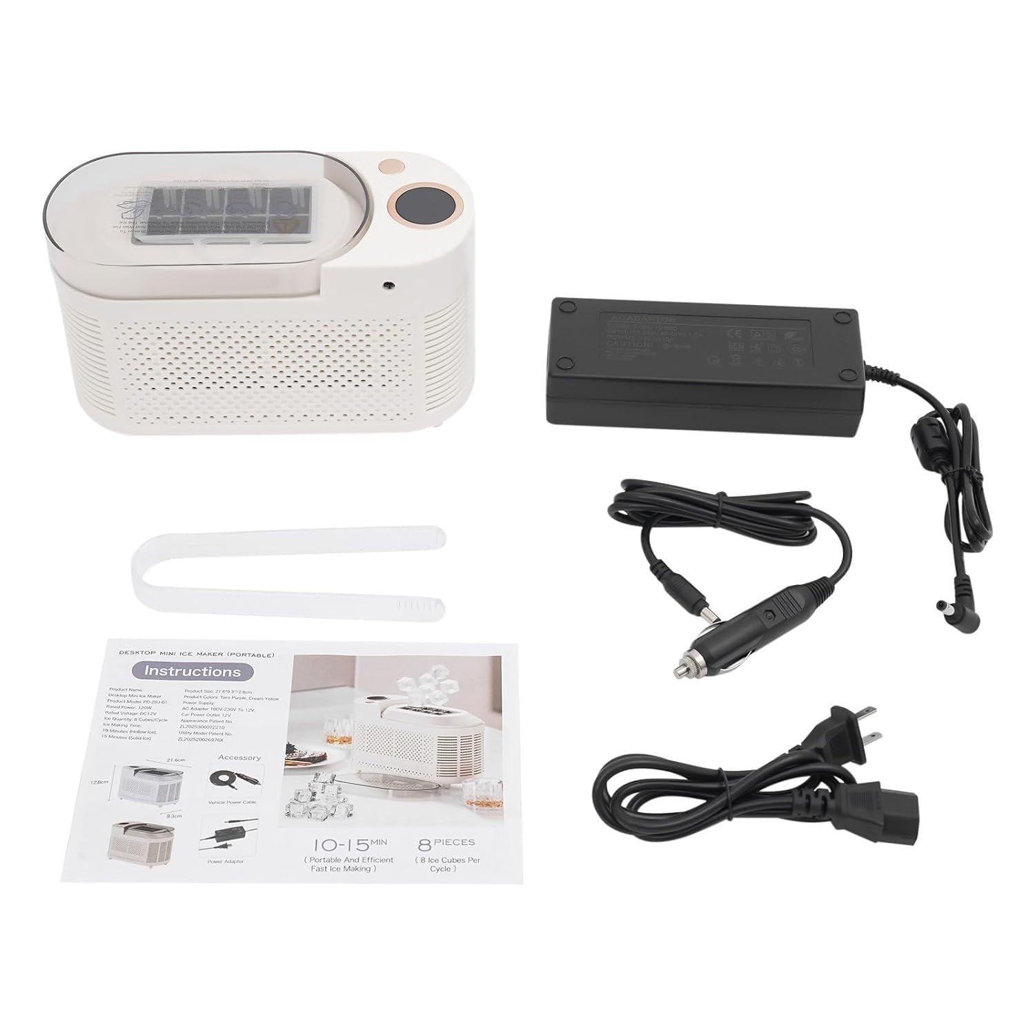 Mini Countertop Ice Maker 120W, Compact Portable Ice Machine with 12V Car Cable, 8 Bullet-Shaped Ice Cubes in 15 Mins, Small Ice Maker for Home Kitchen Office Travel RV - White