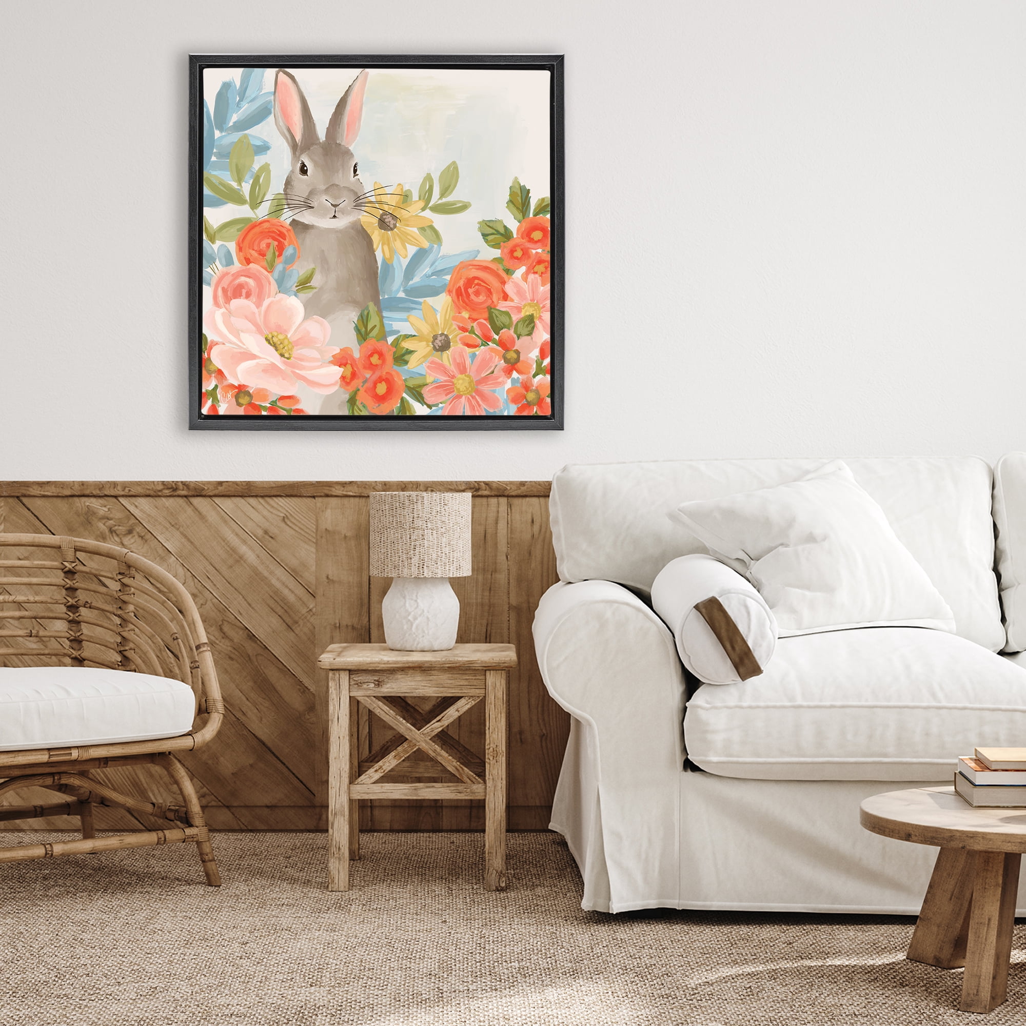 Stupell Industries Bunny Among The Blooms Black Framed Floater Canvas Wall Art, design by Cat Thurman Designs