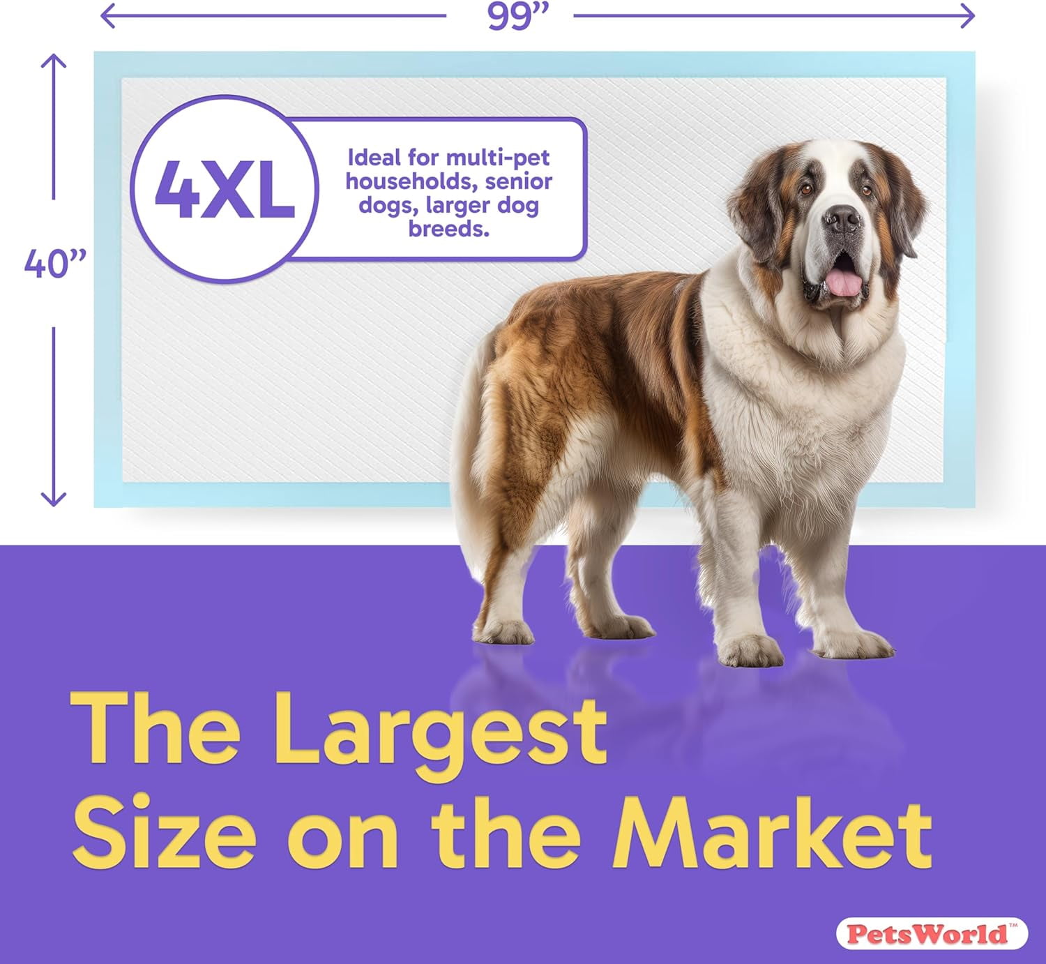 PETSWORLD 4XL Gigantic Dog Pee Pads, 40"x99", 10 Count, with Adhesive Tape, 5-Layer Leak Proof Protection
