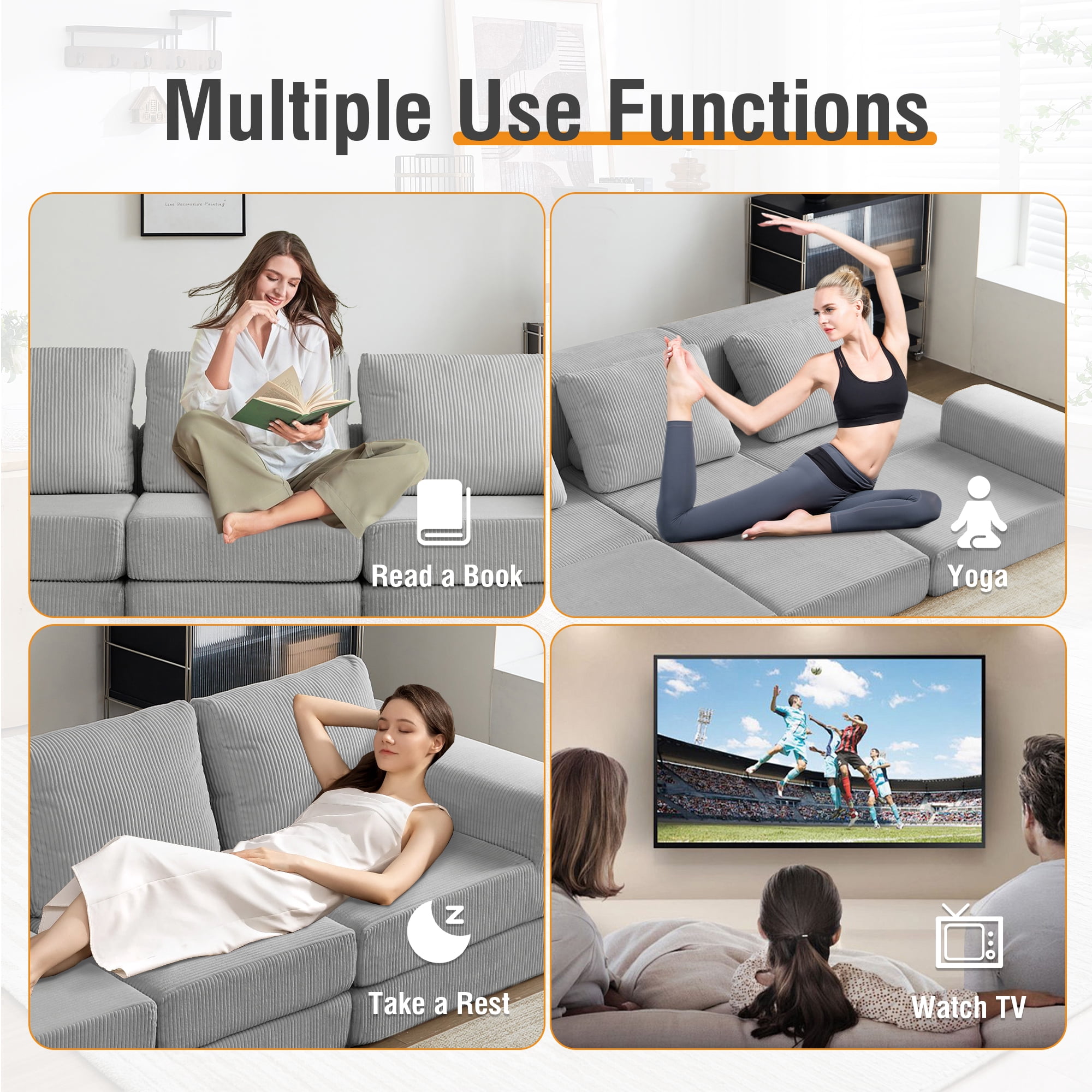 MOONMISS 108" Corduroy Upholstered Modular Oversized 3-Seater Convertible Comfy Compressed Sofa-Gray