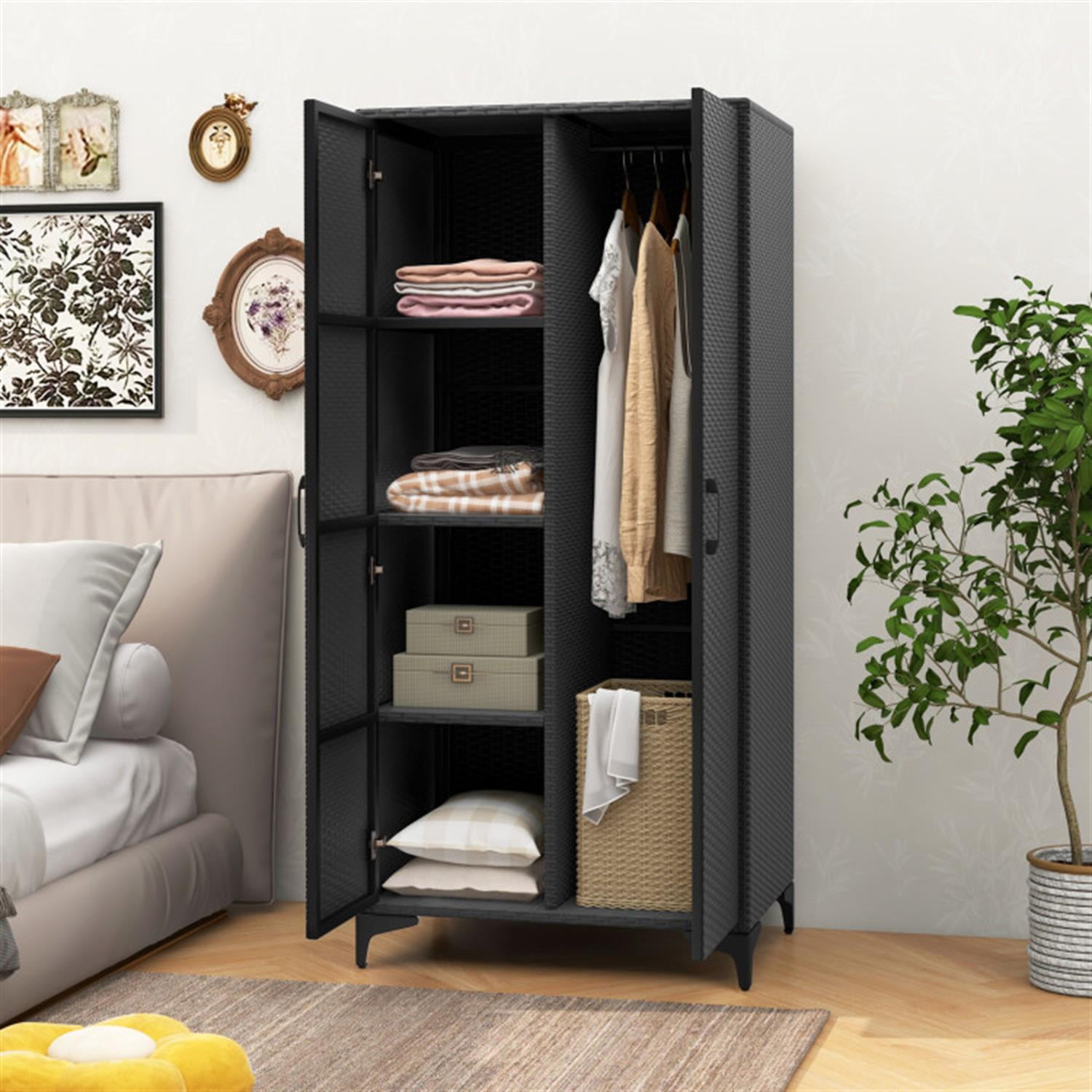 Demi Bonn 62" Wicker Wardrobe with 2 Doors, PE Rattan Closet with Hanging Rod, Freestanding Storage Cabinet, Black