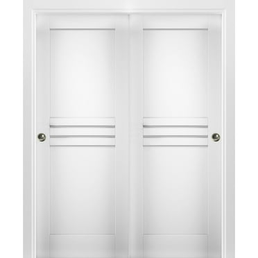 Sliding Closet Bypass Doors 60 x 80 inches / Mela 7444 White Silk / Rails Hardware Set / Wood Solid Bedroom Wardrobe Doors