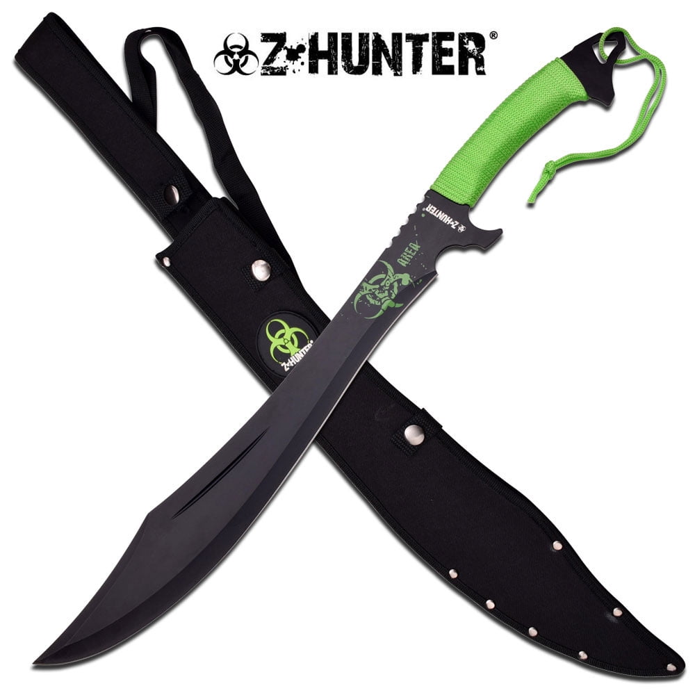 Two-Tone Full Tang Blade 24-Inch Overall Black Cord-Wrapped Handle Zombie Killer Machete with Skull Pattern