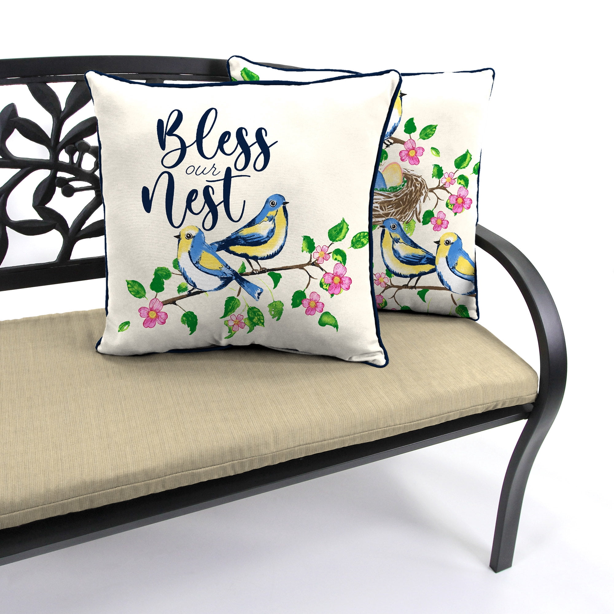 Jordan Manufacturing 16" x 16" Bless This Nest Cream Bird Reversible Square Outdoor Throw Pillow with Welt (2 Pack)