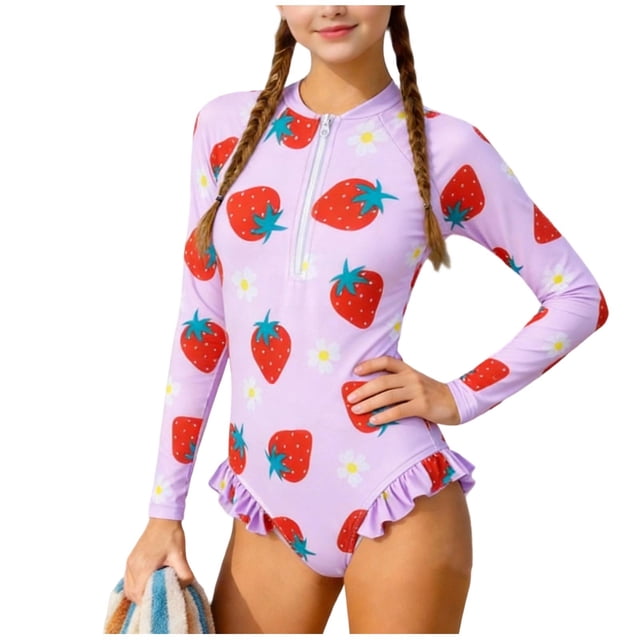 Niñas Pequeñas Traje de Baño Verano Cuello Redondo Medio Cremallera Fresa Impresión de Manga Larga Guardia Niñas Traje de Baño