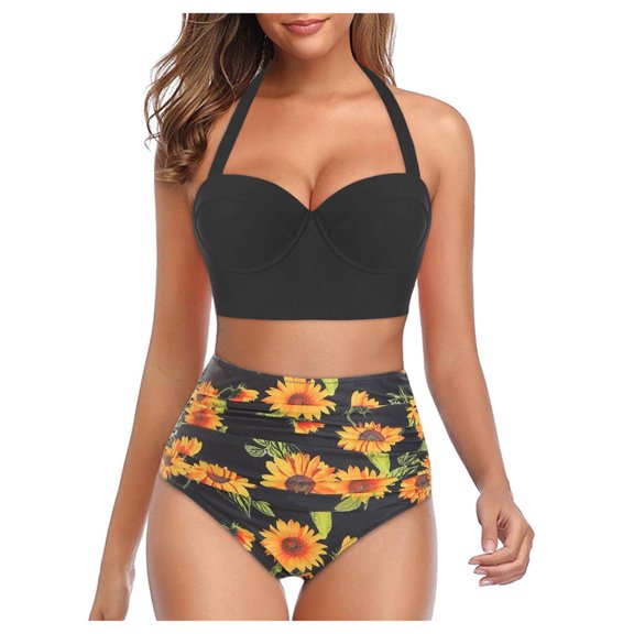 Atogsazn Floral Printed Push Up Swimsuit for Women High Waist Rushed Tummy Control Bathing Suit Two Piece Swimwear Black XXL