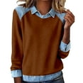 thumbnail image 2 of Denim Collared Sweatshirt Lapel Collar Pullover Denim Stitching Collared Tops Denim Patchwork Tops Tunic Tops Denim Pullover Tops Denim Sweatshirt Womens Sweatshirts Fall Pullover Shirt Brown L, 2 of 4