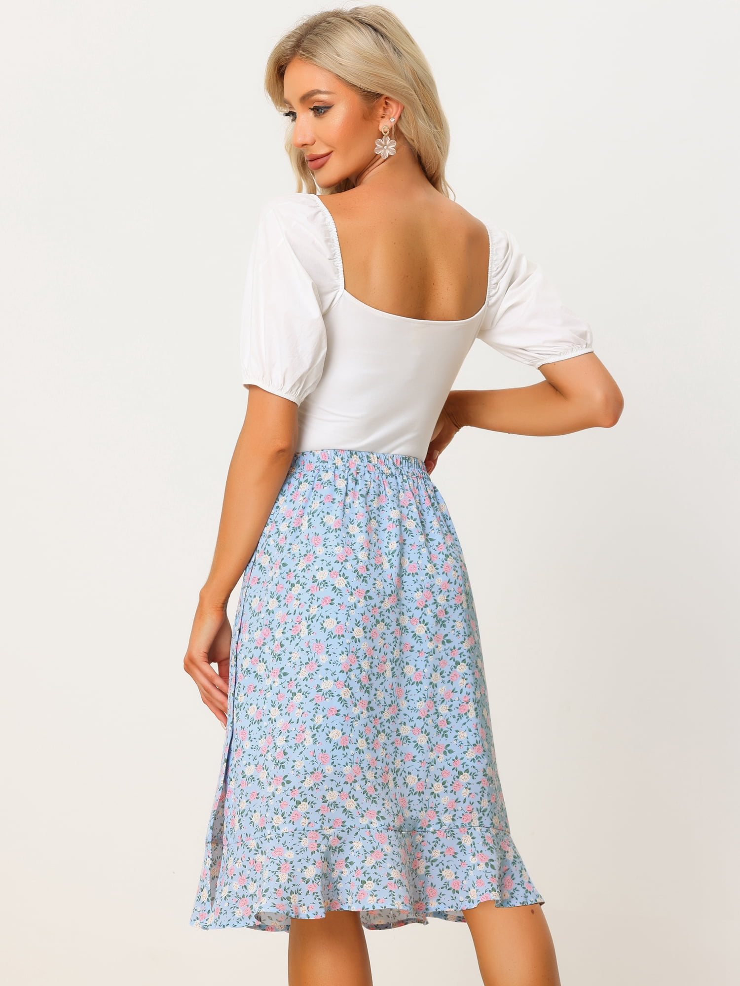 DARING DIVA Women's Floral Ruffle Hem Elastic Back Split Skirt L Light Blue