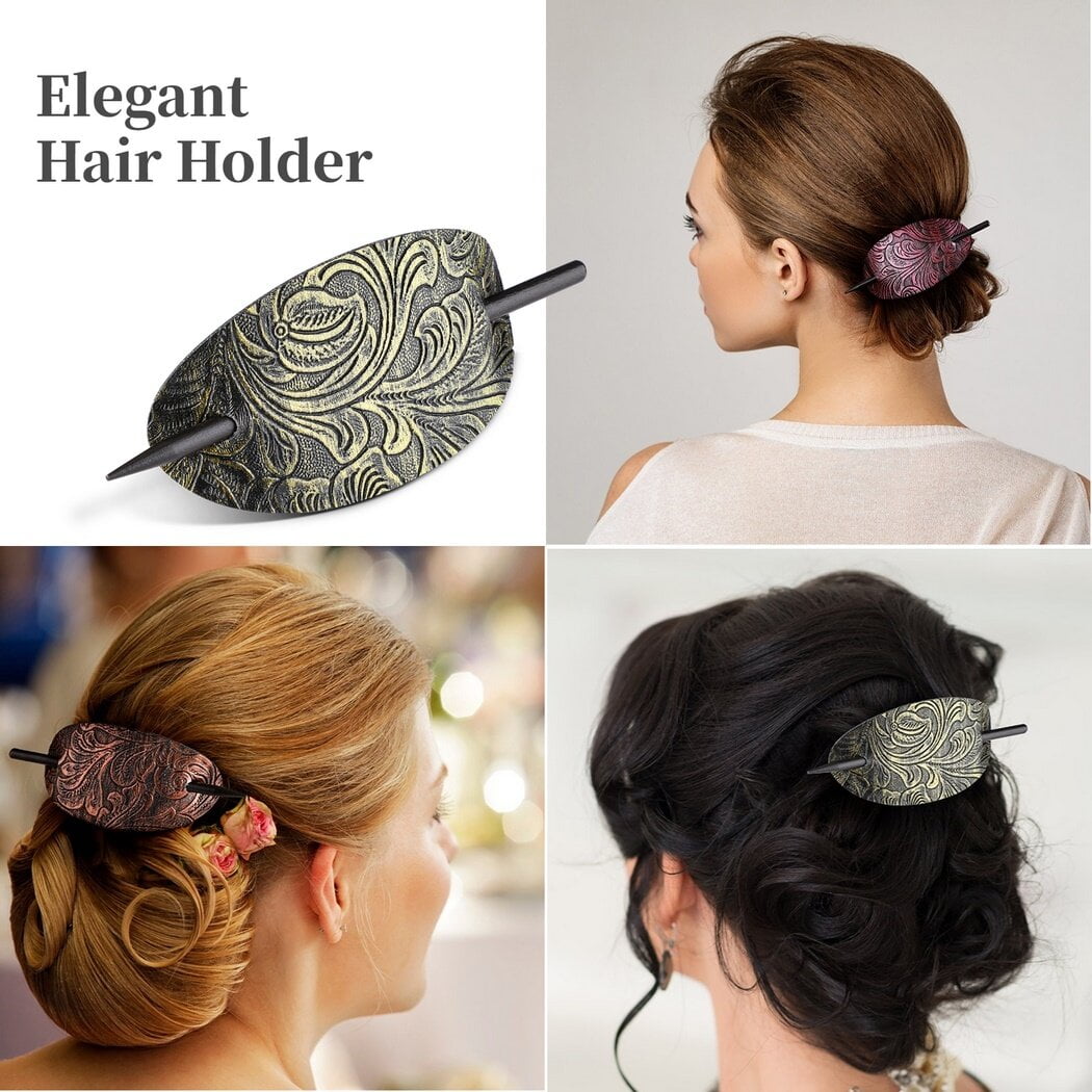 6PCS Hair Clips with Wooden Sticks, Classical Vintage Faux Leather Oval Hair Clips with Wooden Push Bars, Bohemian Ponytail Holders Hair Accessories for Women Girls