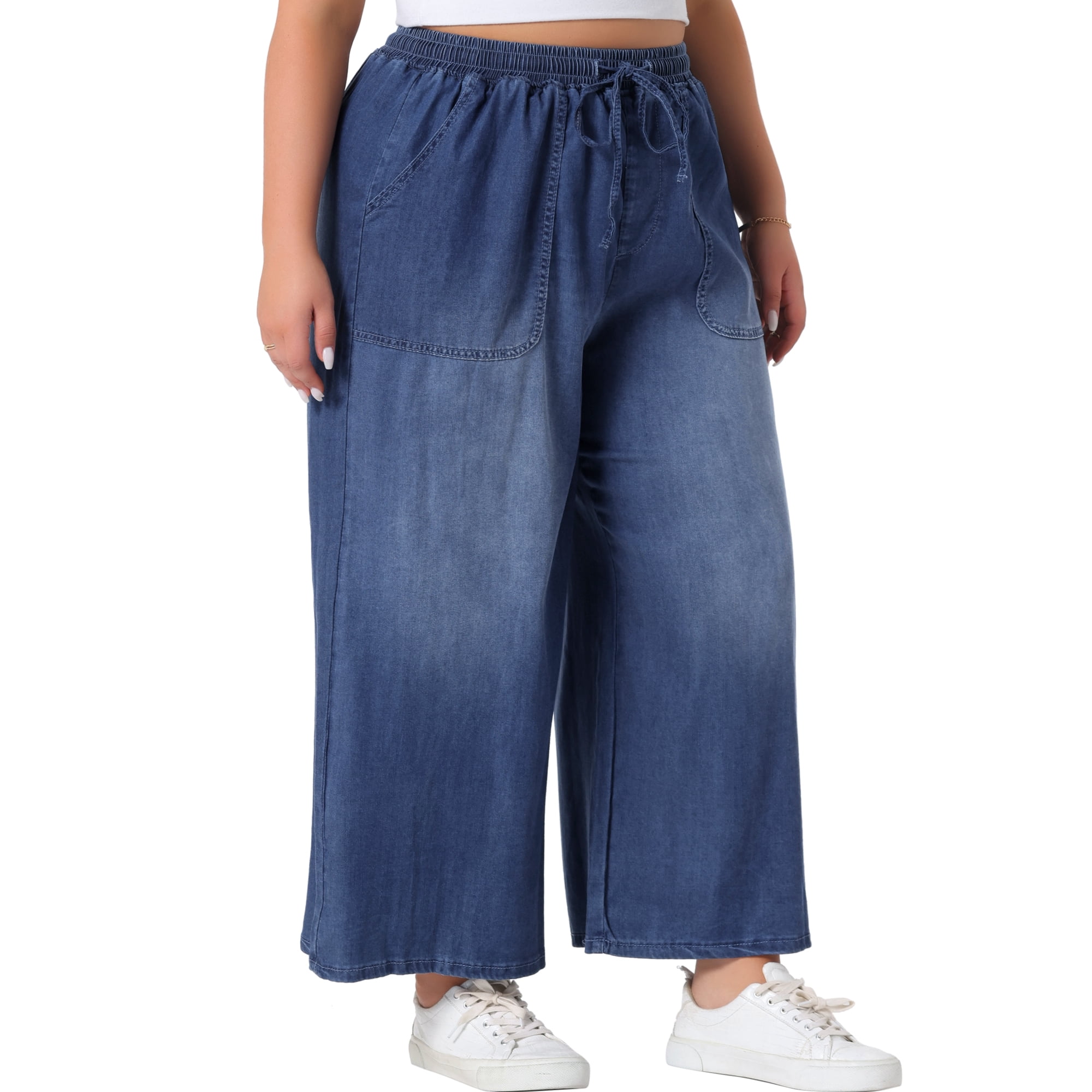 DARING DIVA Women's Plus Chambray Baggy Fit Jeans Denim Pants with Pockets 2X Black Blue