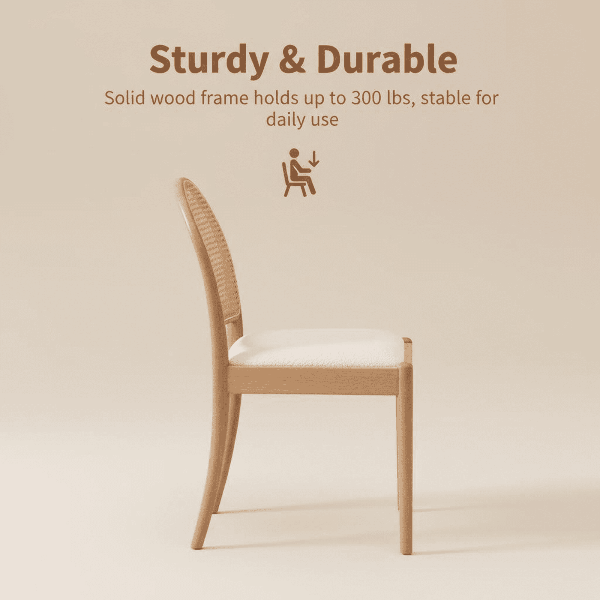 Leumius Rattan Dining Chairs Set of 2, Upholstered Linen Dining Room Chairs with Backrests, Modern Kitchen Chairs with Wood Legs for Dining Room, Beige