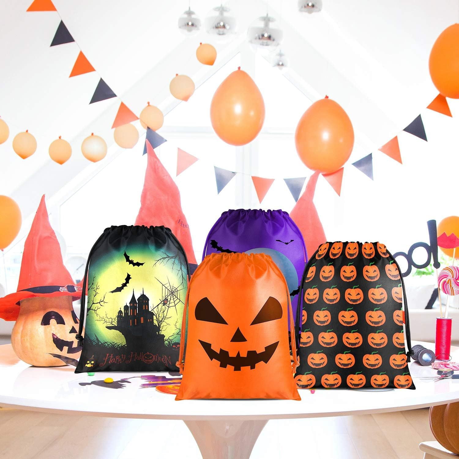 12 Pack Halloween Drawstring Bags with 7 Designs for Trick or Treat Party Favors