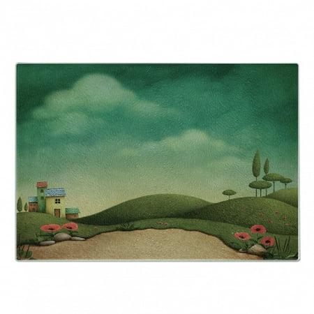

Mural Cutting Board Abandoned Village of 4 Houses Behind the Hills and Poppy Flowers on a Cloudy Day Decorative Tempered Glass Cutting and Serving Board Small Size Multicolor by Ambesonne
